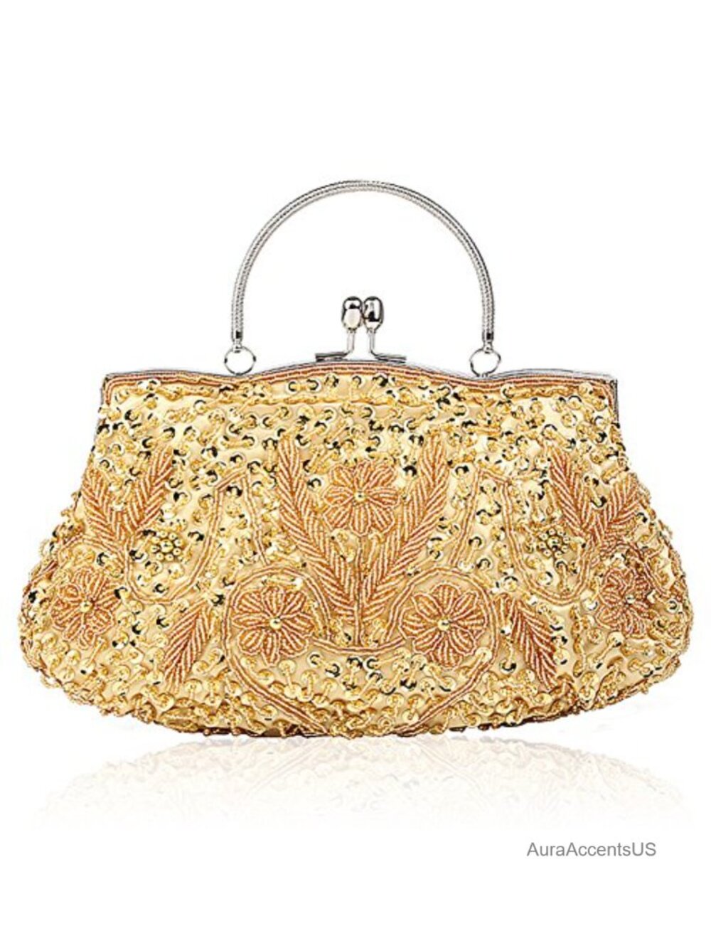Beaded Sequin Floral Evening Clutch Purse Large Silver Party Bag